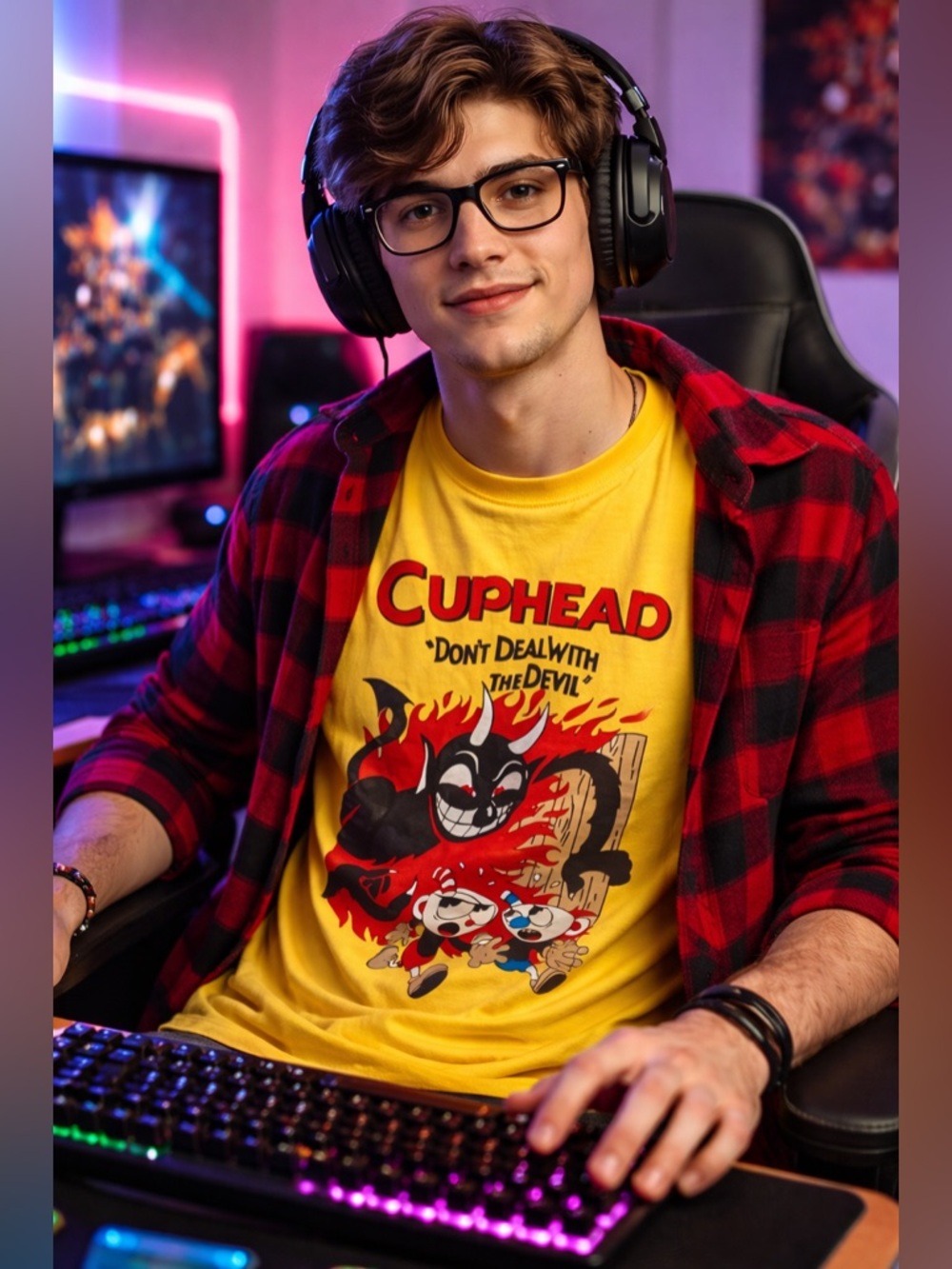 Cuphead Graphic Tee Yellow Gamer Shirt Cartoon Devil Game Tee Size XL Unisex
